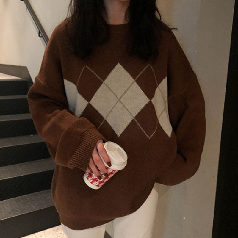 Street-wave Oversized Argyle Sweater For Women - Soft Warm Cozy Knitwear Casual Chic