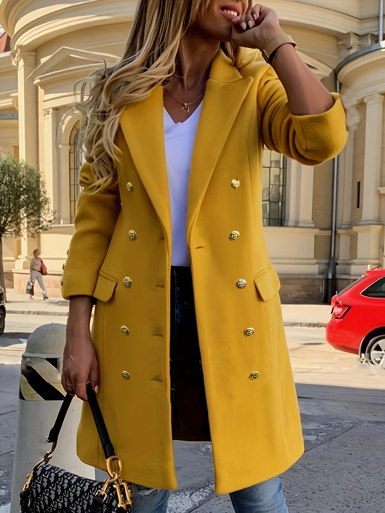 Street-wave Yellow Double-Breasted Coat For Women With Flattering Fit And Gold Buttons