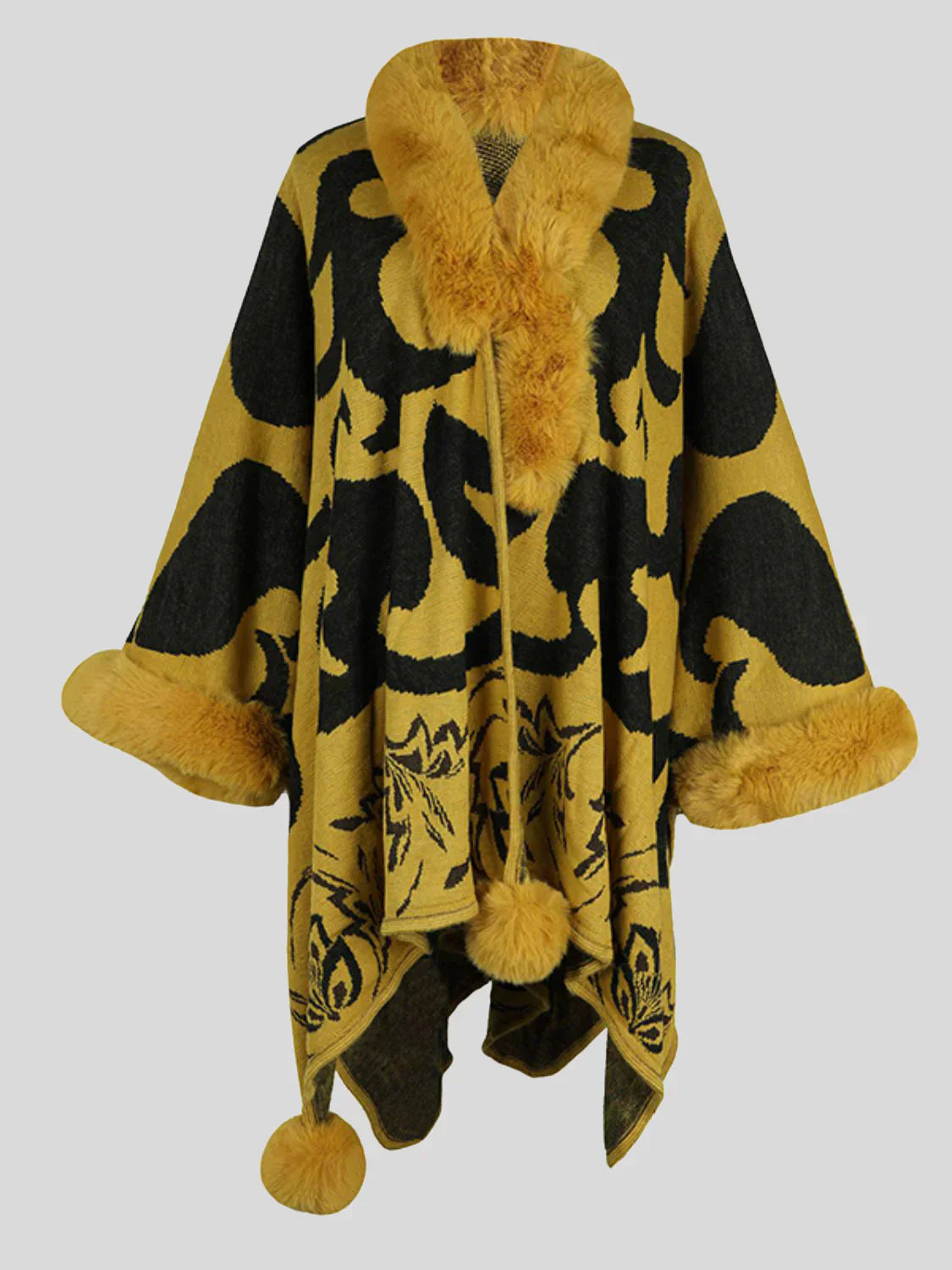 Street-Wave Printed Poncho With Plush Fur Trim For Women Cozy Warm Winter Wrap Everyday Elegance