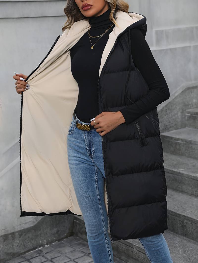 Street-wave Long Hooded Puffer Vest For Women With Zip Front Ultra Warm And Cozy Winter Layer