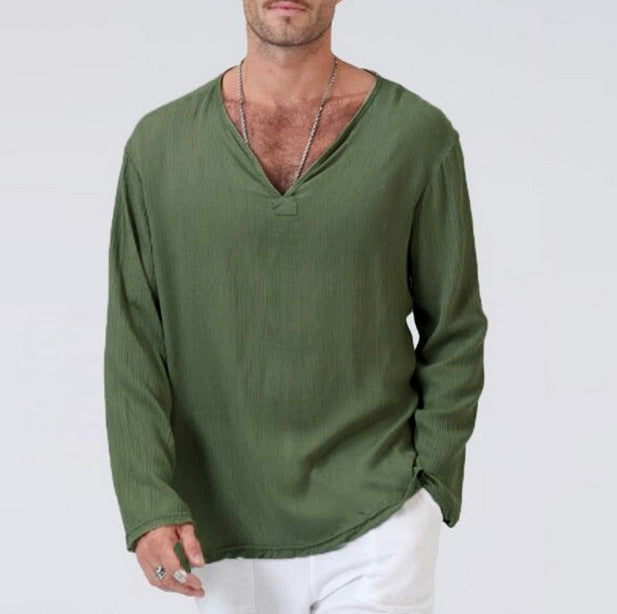 Men's Cotton Linen Blend T Shirt with V Neck Long Sleeve Relaxed Fit for Casual Wear