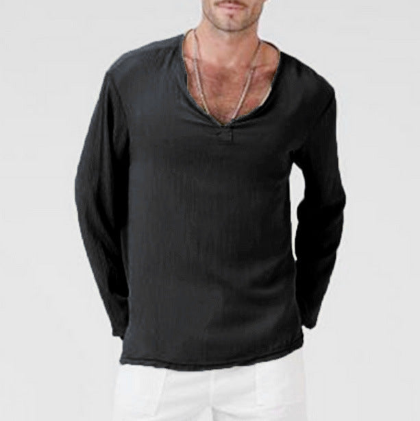 Men's Cotton Linen Blend T Shirt with V Neck Long Sleeve Relaxed Fit for Casual Wear