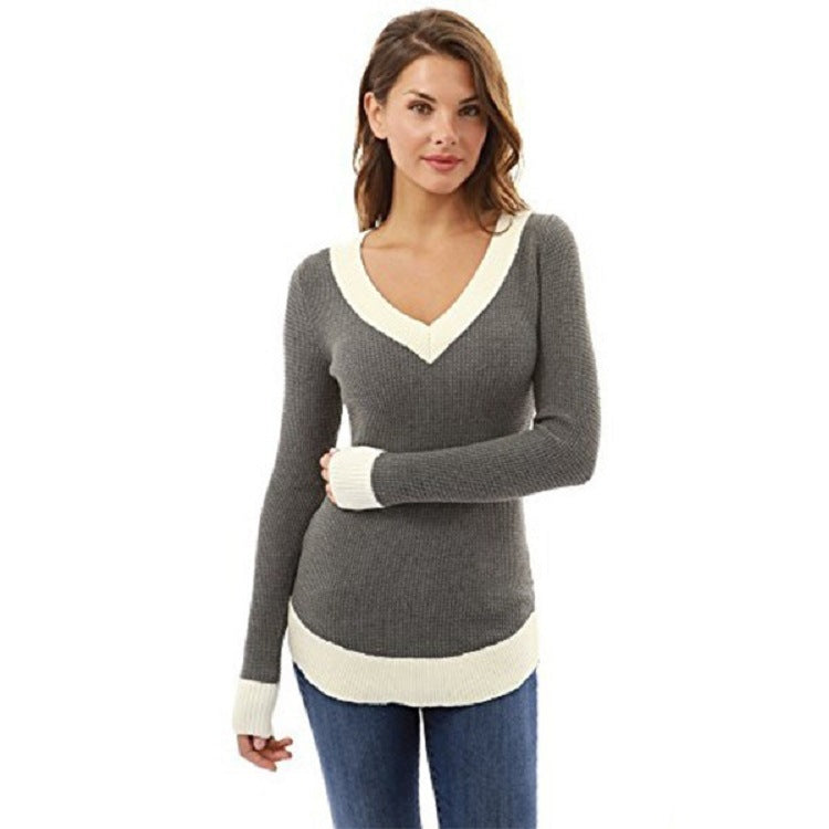 Street-wave Women's V-Neck Sweater With Contrast Trim Cozy Knit For Everyday Style