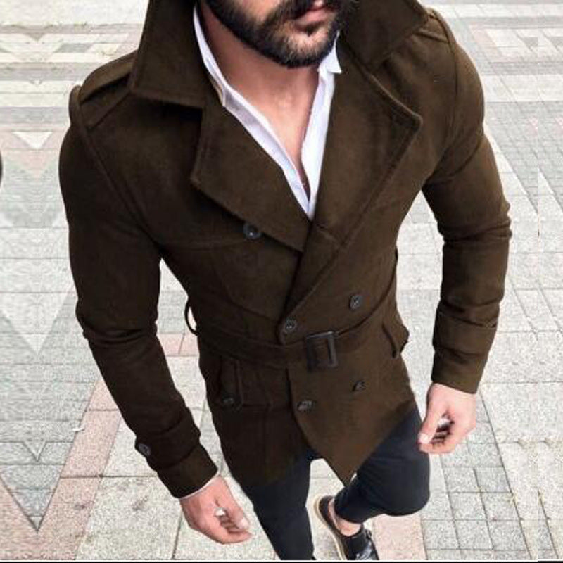 Street-wave Men's Designer Tailored Coat With Belt Double-Breasted Wool-Blend Outerwear