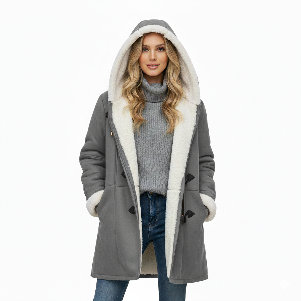 Street-Wave Hooded Coat for Women Plush Lined Warm Mid-Length Toggle