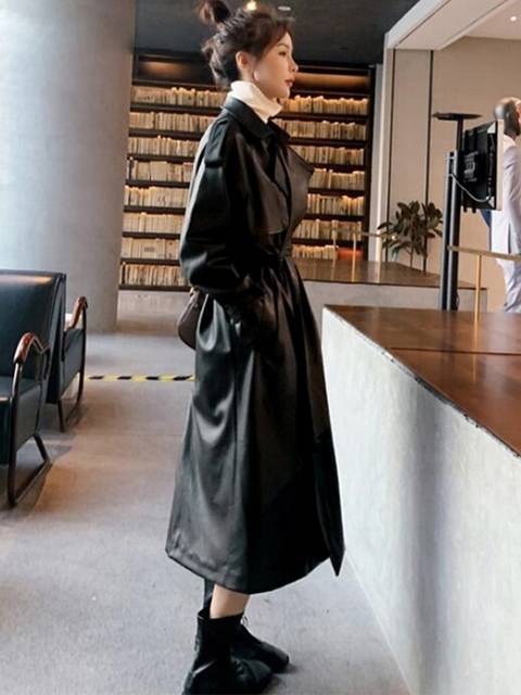 Street-wave Faux Leather Trench Coat Belted Midi For Women Chic Versatile Office Wear