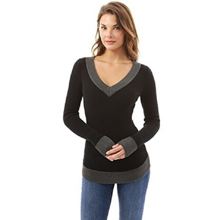 Street-wave Women's V-Neck Sweater With Contrast Trim Cozy Knit For Everyday Style