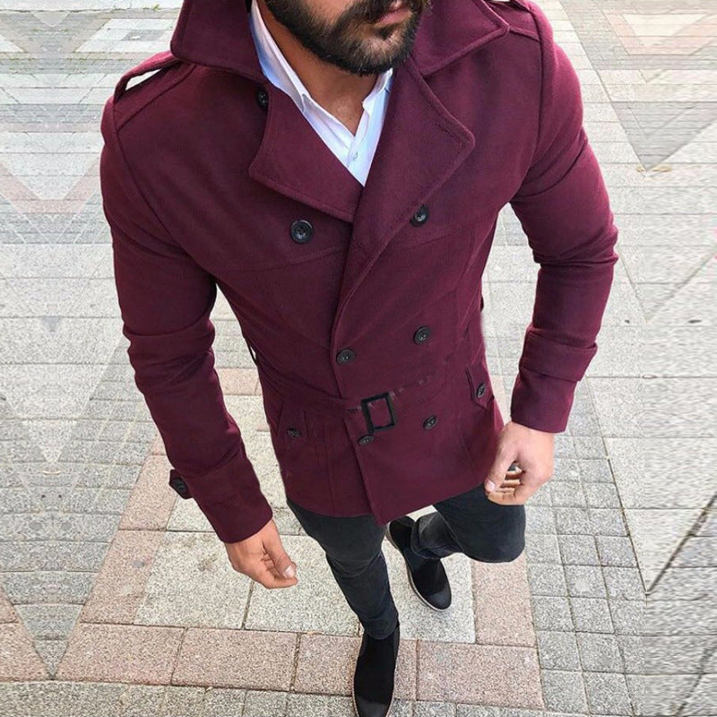 Street-wave Men's Designer Tailored Coat With Belt Double-Breasted Wool-Blend Outerwear