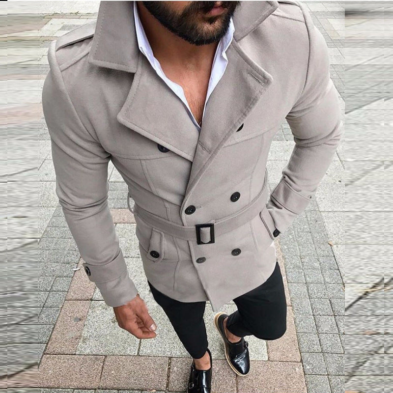 Street-wave Men's Designer Tailored Coat With Belt Double-Breasted Wool-Blend Outerwear