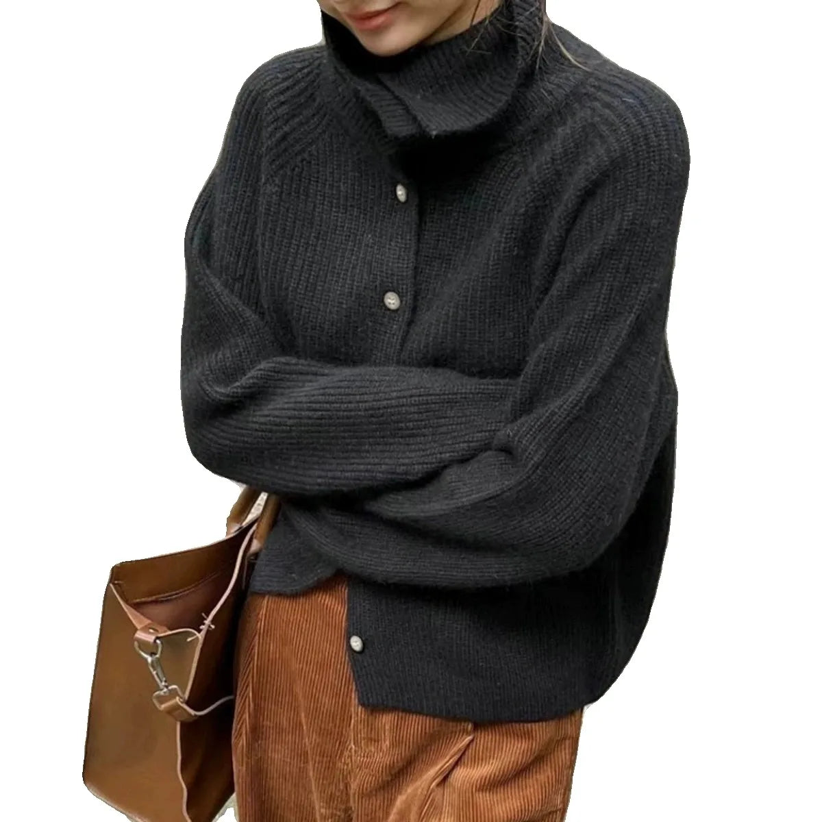 Street-wave Rollneck Knit Cardigan With Button Details For Women Cozy Breathable Warmth