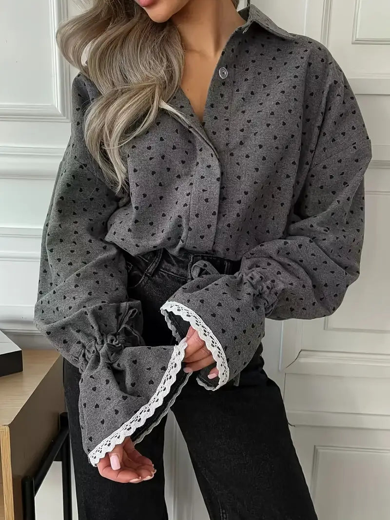 Street-wave Heart Print Blouse For Women Elegant Comfort Versatile Top With Lace Cuff