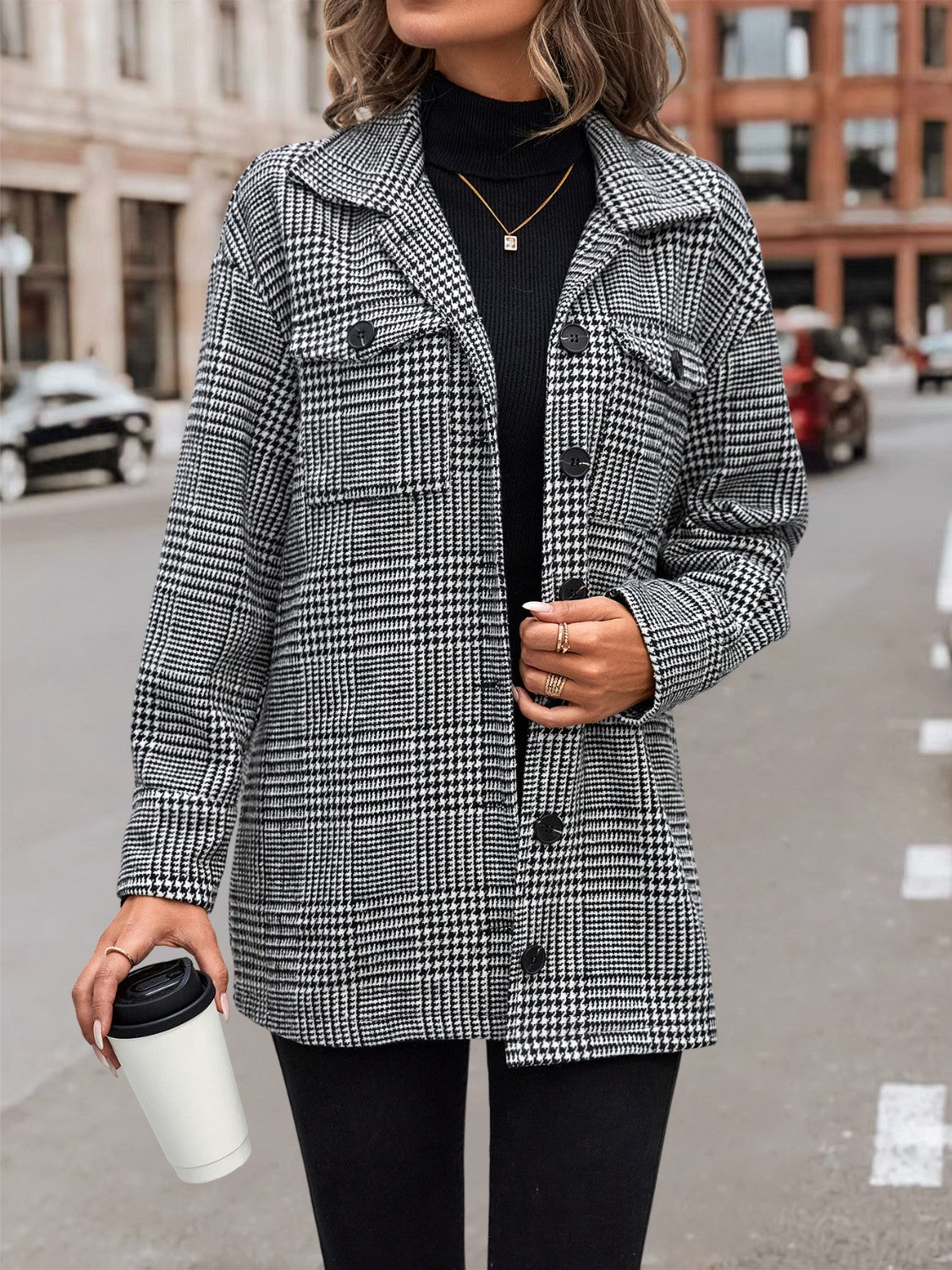 Street-wave Houndstooth Drop Shoulder Collar Jacket For Women Machine Washable Chic Coat Premium Warmth And Easy Care