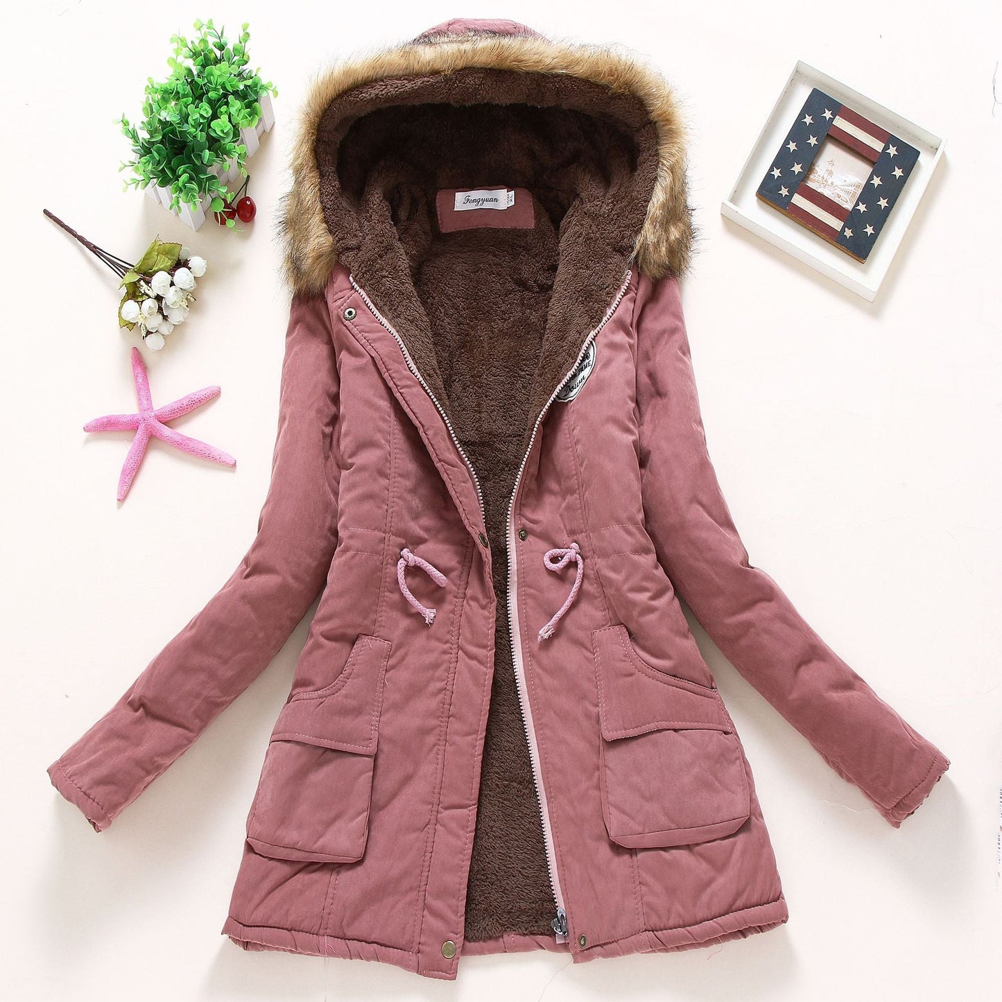 Street-wave Women's Quilted Winter Jacket With Removable Faux Fur Collar And Front Pockets