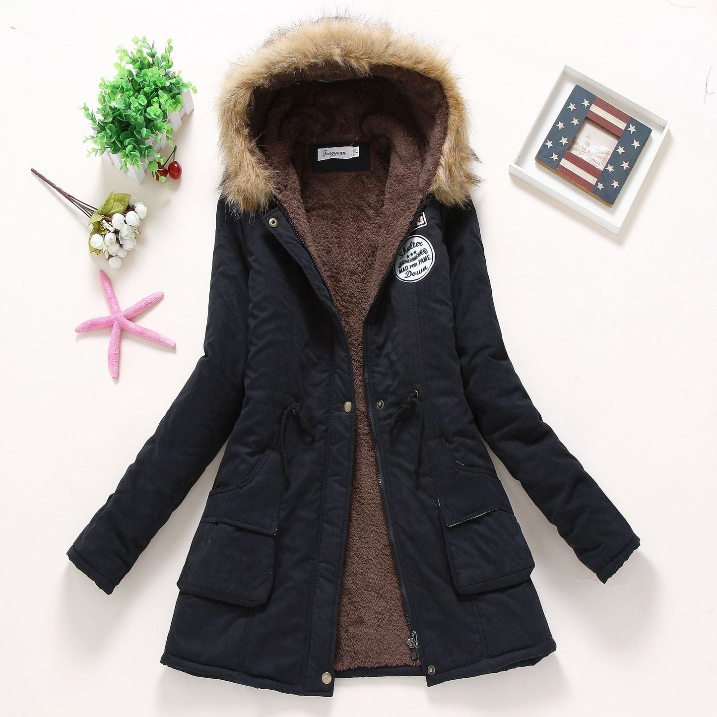 Street-wave Women's Quilted Winter Jacket With Removable Faux Fur Collar And Front Pockets