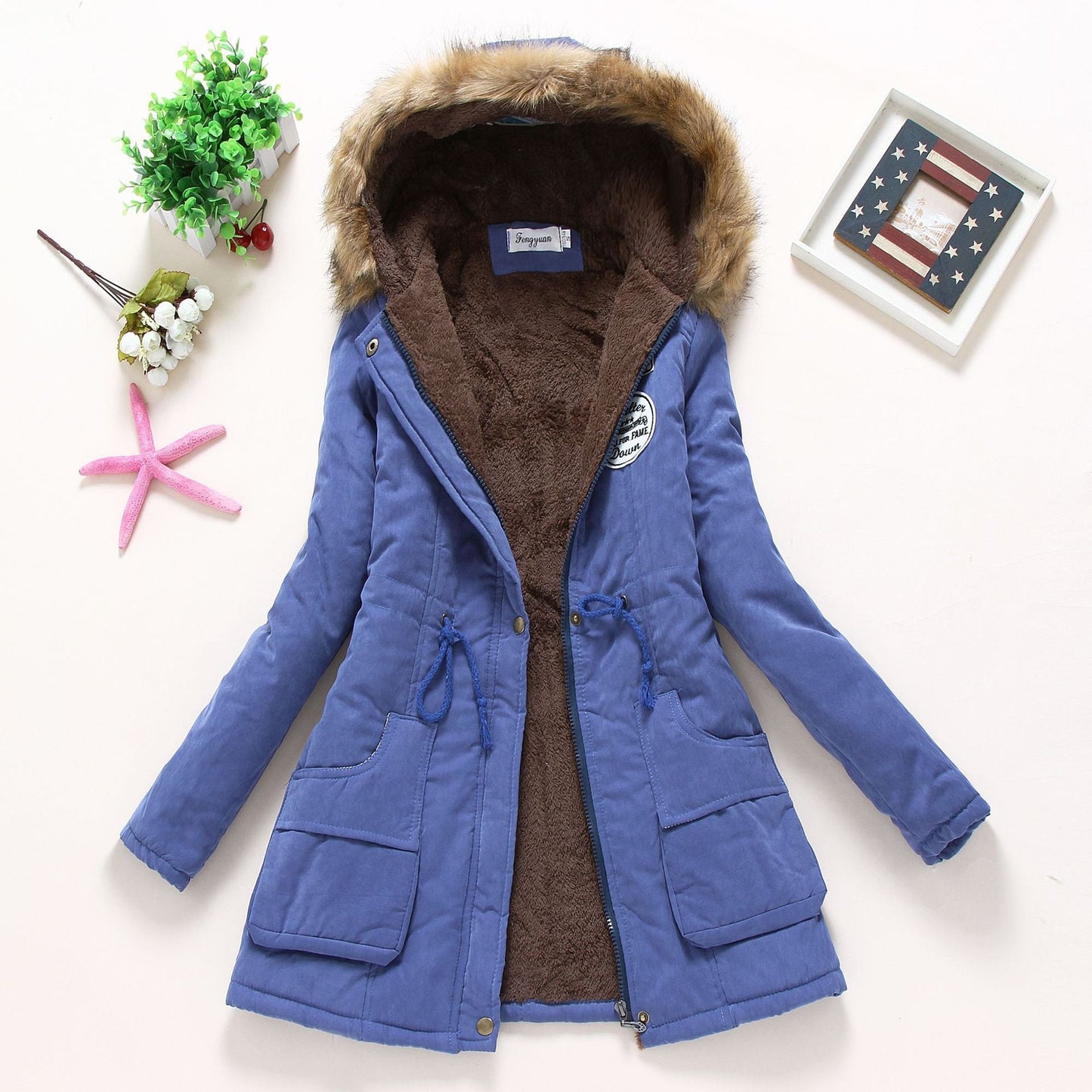 Street-wave Women's Quilted Winter Jacket With Removable Faux Fur Collar And Front Pockets