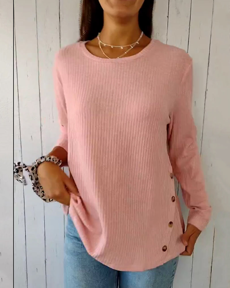 Street-Wave Ribbed Knit Top With Crew Neck And Long Sleeves For Women - Soft Everyday Comfort And Versatile Layering