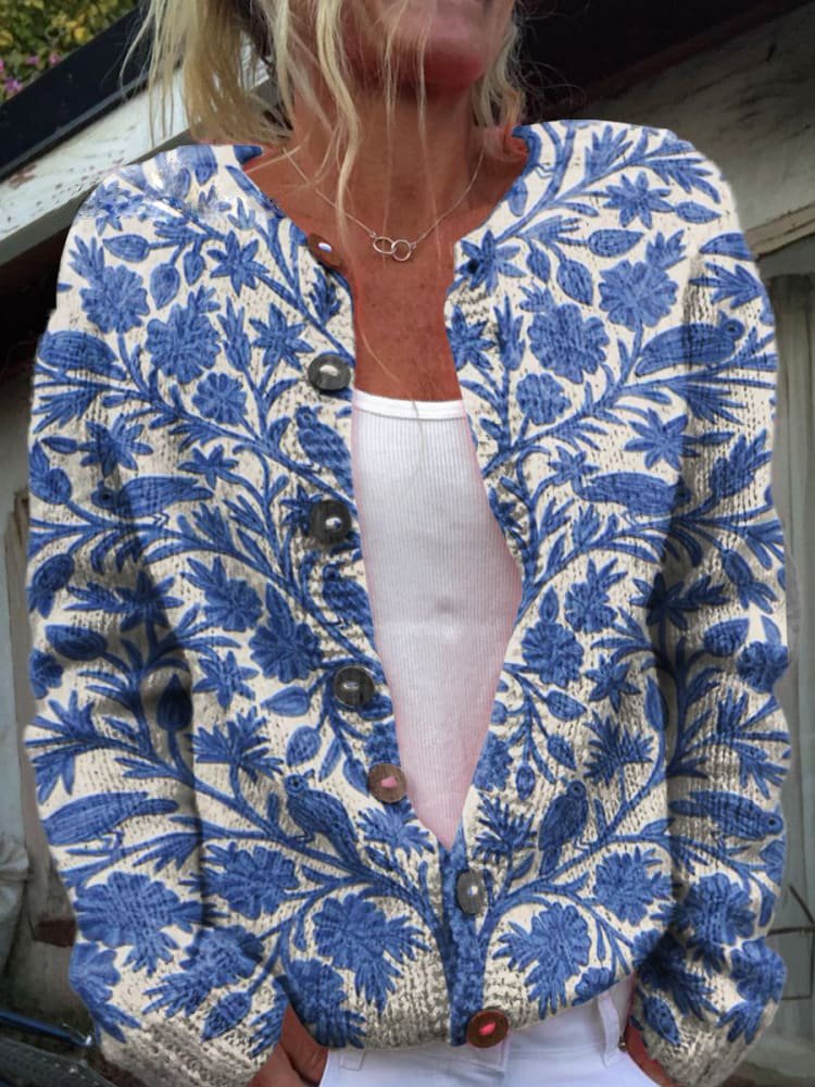 Street-Wave Floral Buttonless Knit Cardigan Women Effortless