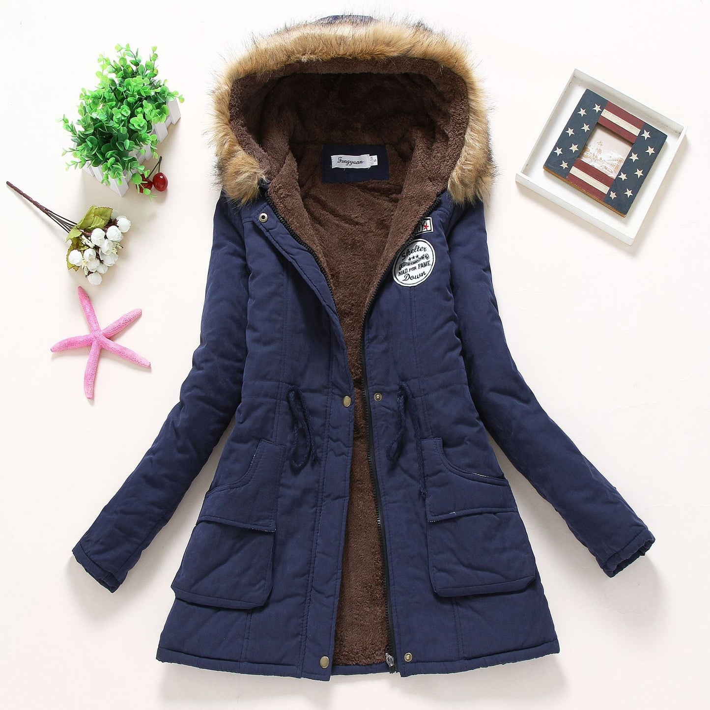 Street-wave Women's Quilted Winter Jacket With Removable Faux Fur Collar And Front Pockets