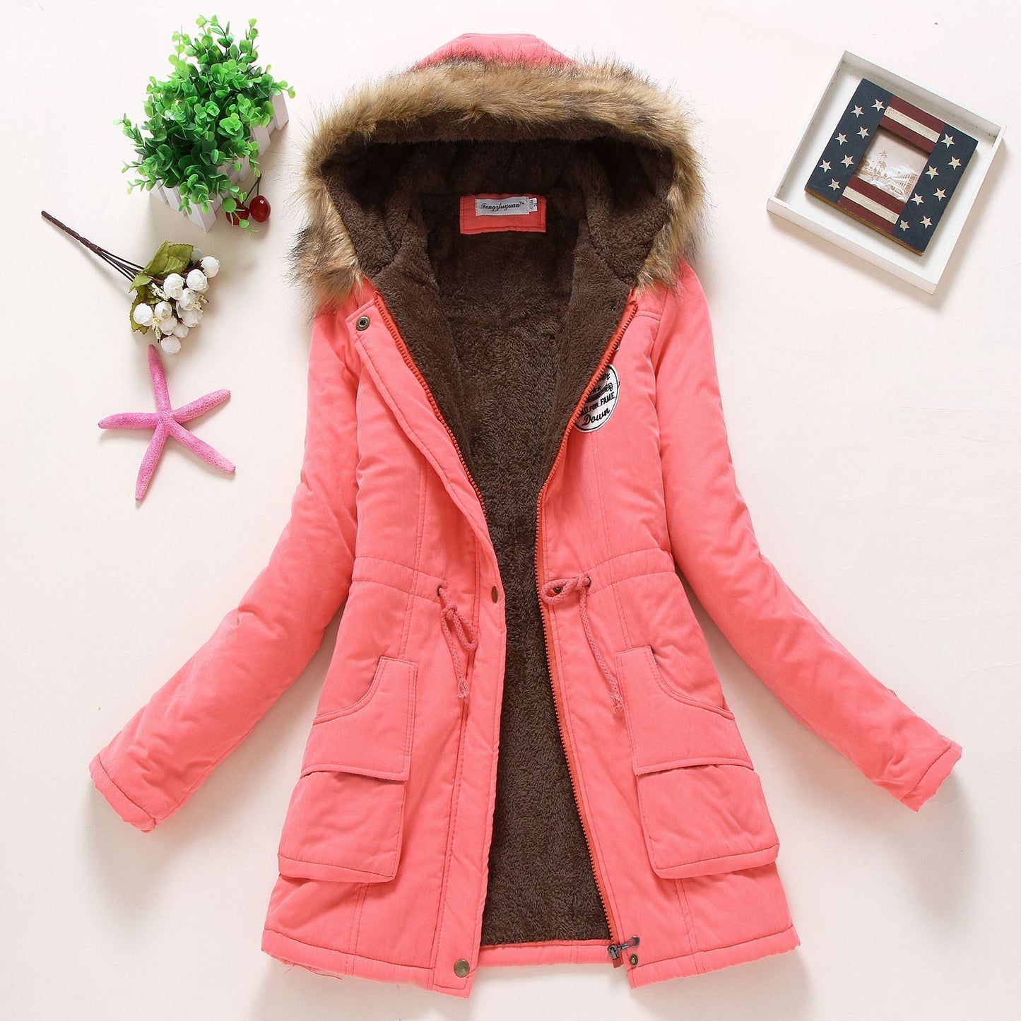 Street-wave Women's Quilted Winter Jacket With Removable Faux Fur Collar And Front Pockets