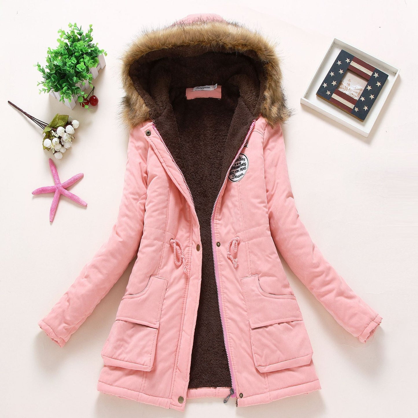 Street-wave Women's Quilted Winter Jacket With Removable Faux Fur Collar And Front Pockets