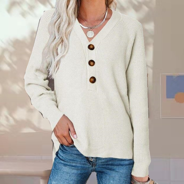 Streetwave Women's Knit Sweater With V Neck Button Detail Cozy Cotton Poly Blend