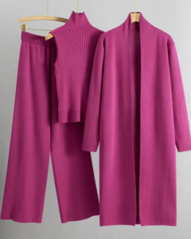 Street-wave 3 Piece Knit Set for Women Cozy Beige Cardigan Turtleneck Tank Wide Leg Pants