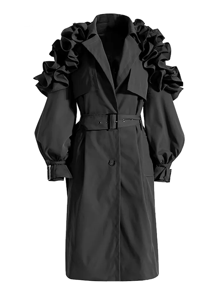 Street Wave Ruffle Sleeve Trench Coat Warm Polyester Belted For Fashion Forward Enthusiasts