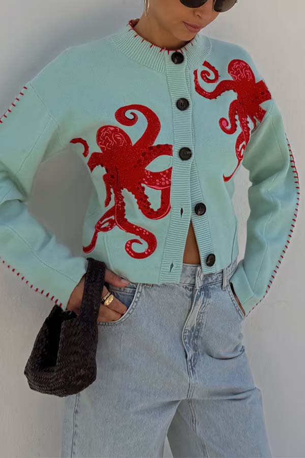 Street-wave Octopus Knit Cardigan For Women With Red Octopus Motif And Coastal Contrast Piping