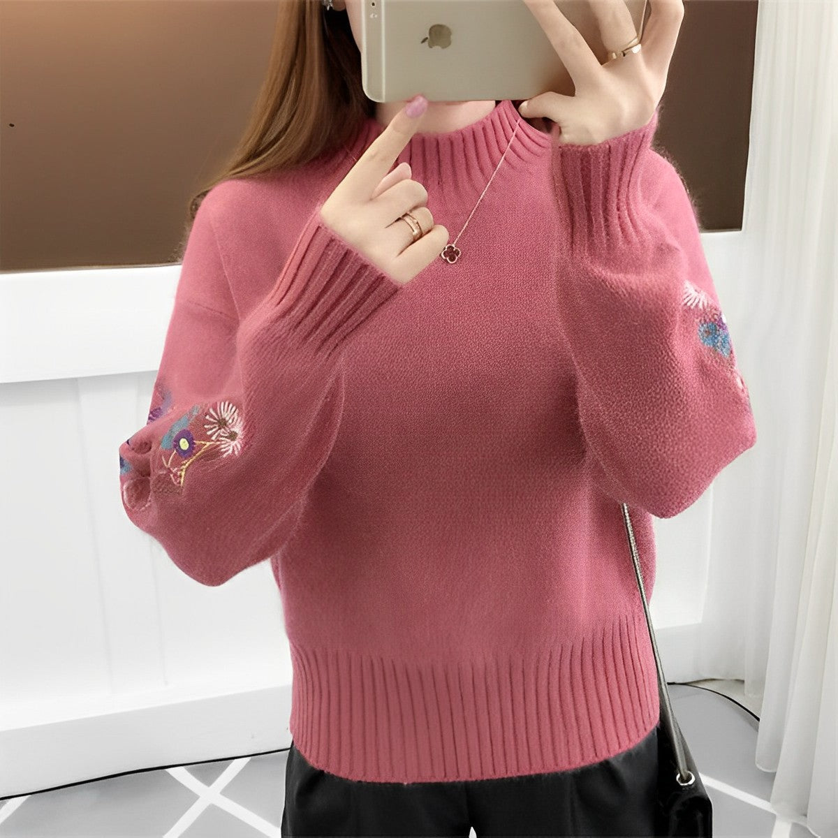 Maureen Knit Pullover With Embroidered Sleeves For Women Oversized Rollneck Warm Soft Knit Streetwave