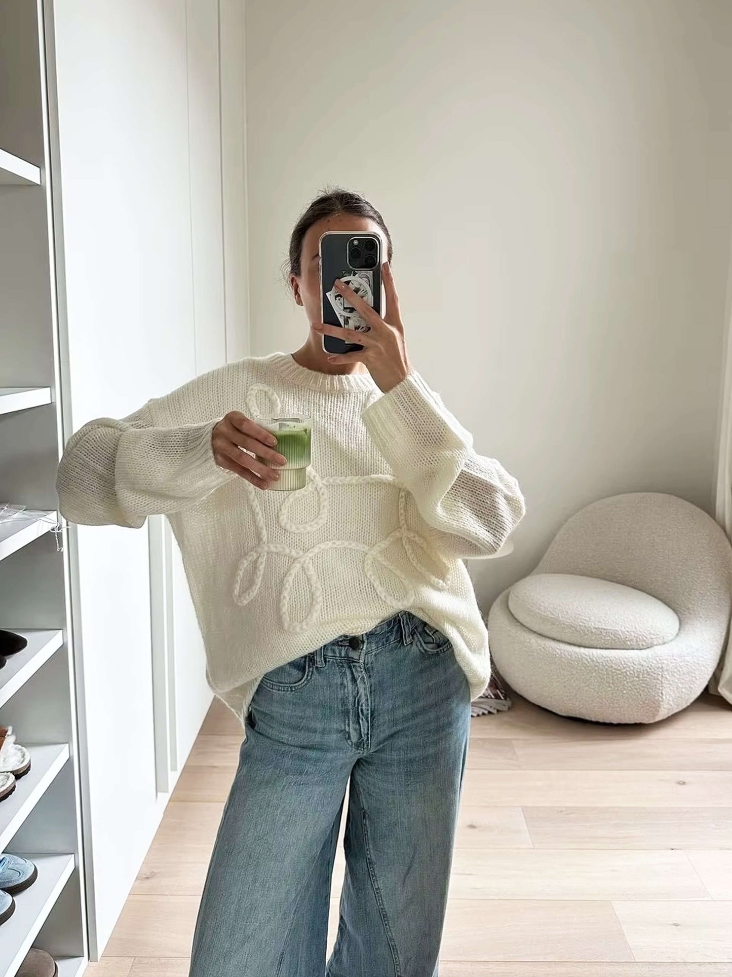 Street-Wave Oversized Knit Sweater With Elegant Embroidery For Fashion Forward Women