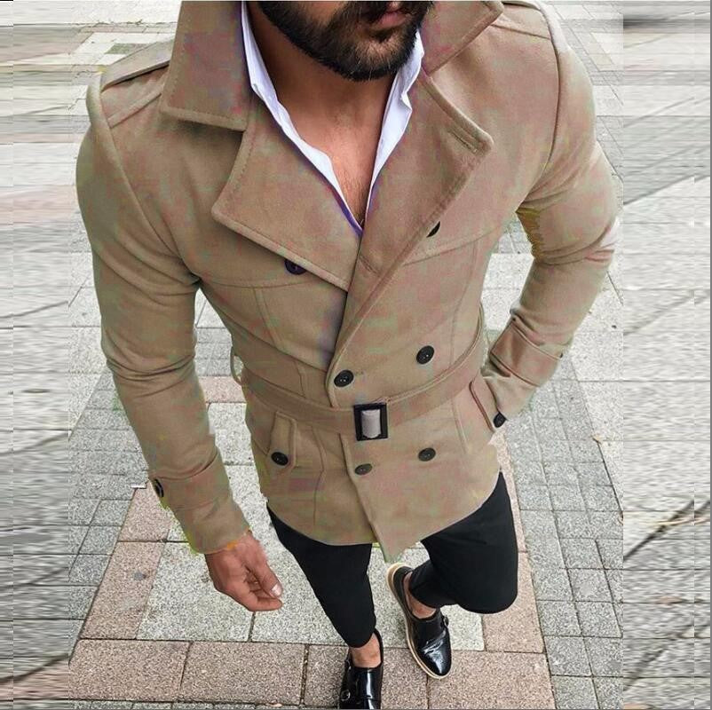 Street-wave Men's Designer Tailored Coat With Belt Double-Breasted Wool-Blend Outerwear