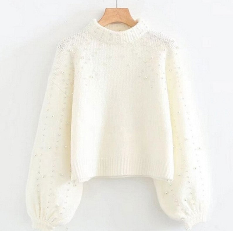 Street-Wave Pearl Embellished Sweater For Women With Shimmering Details And Dramatic Puff Sleeves