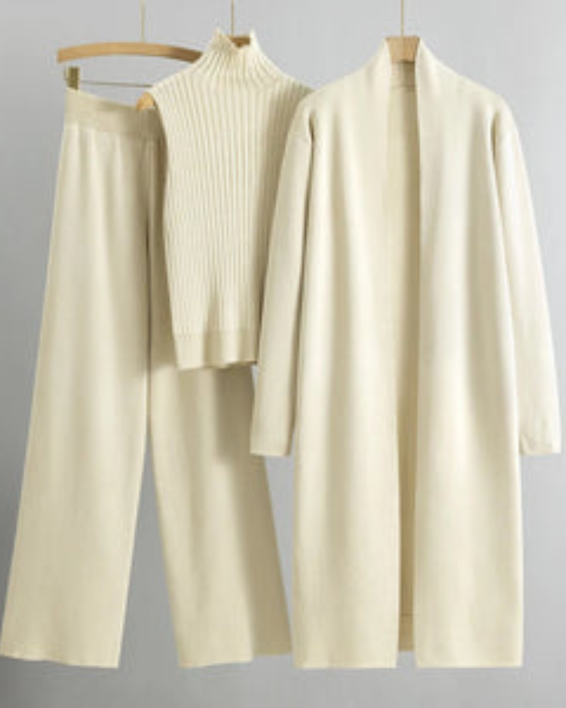 Street-wave 3 Piece Knit Set for Women Cozy Beige Cardigan Turtleneck Tank Wide Leg Pants
