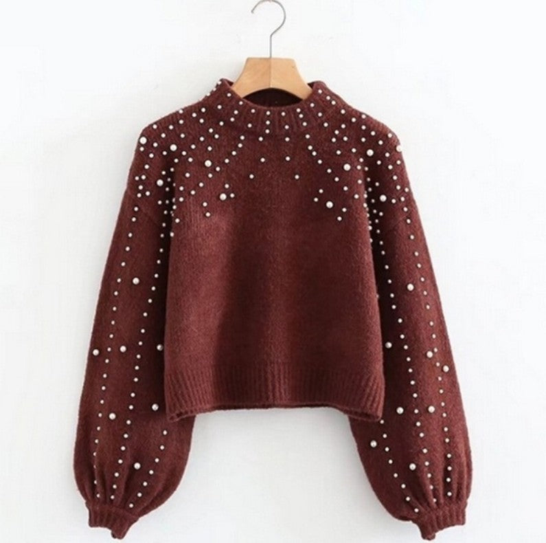 Street-Wave Pearl Embellished Sweater For Women With Shimmering Details And Dramatic Puff Sleeves
