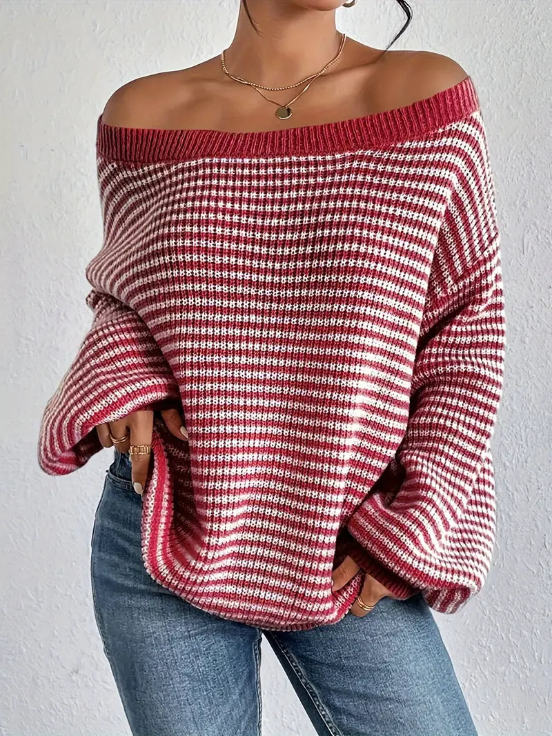 Streetwave Striped Off Shoulder Knit Sweater For Women Cozy Casual Comfort And Style