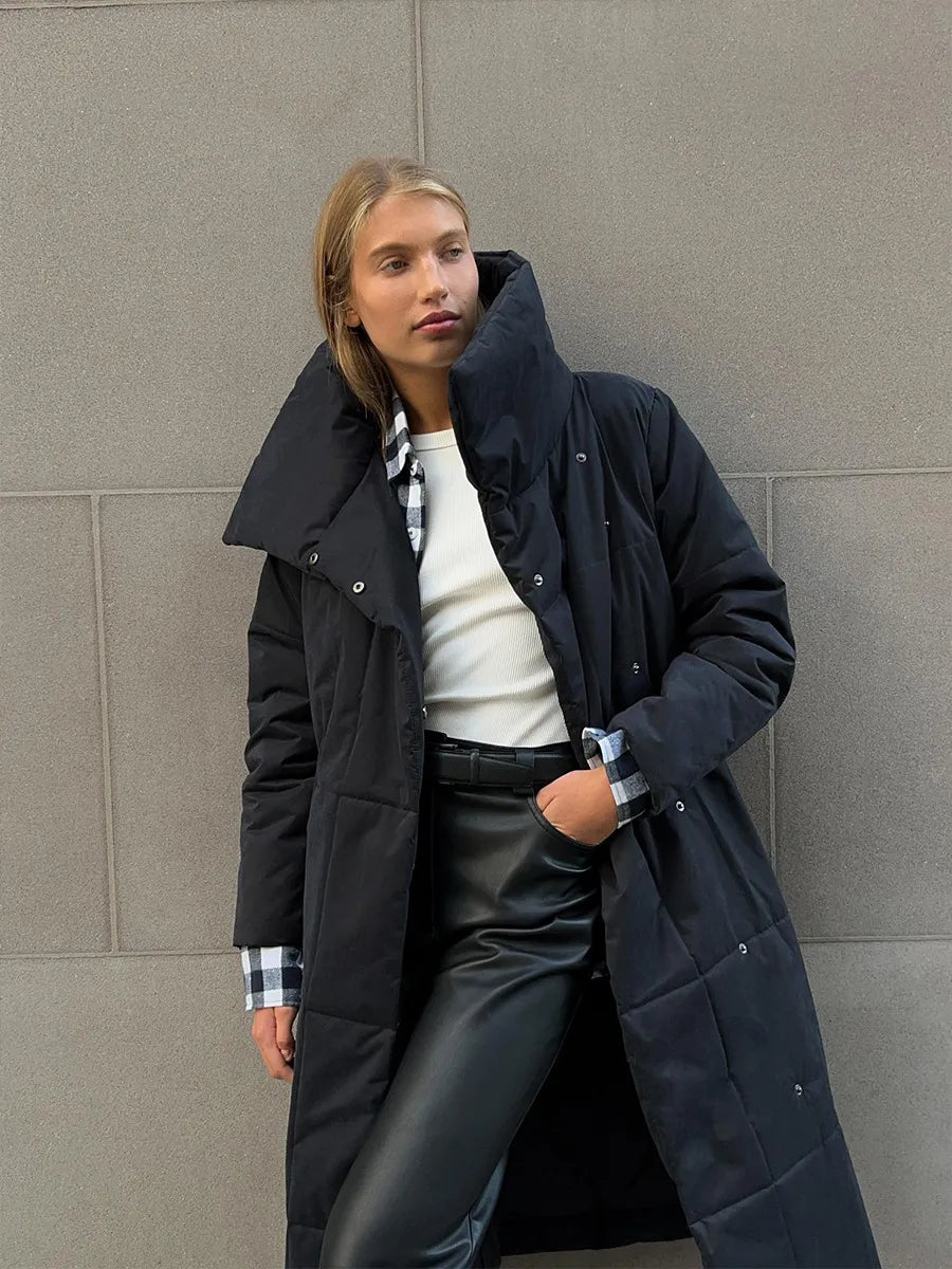 Street-wave Long Puffer Coat for Women With Oversized Collar Elegant Warm Winter Coat