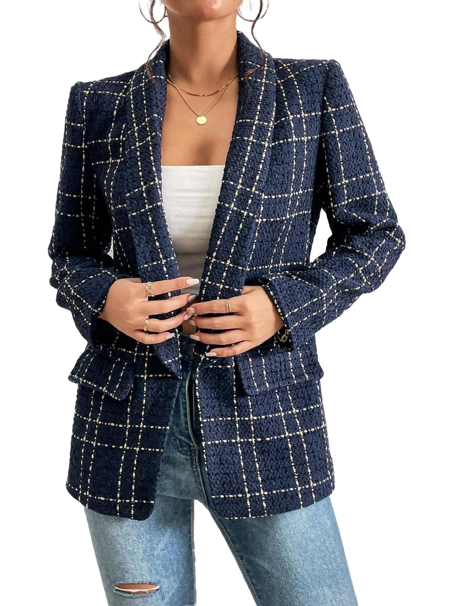 Street-wave Plaid Tweed Blazer for Women, Chic Checkered Jacket, Modern Office Ready Outerwear