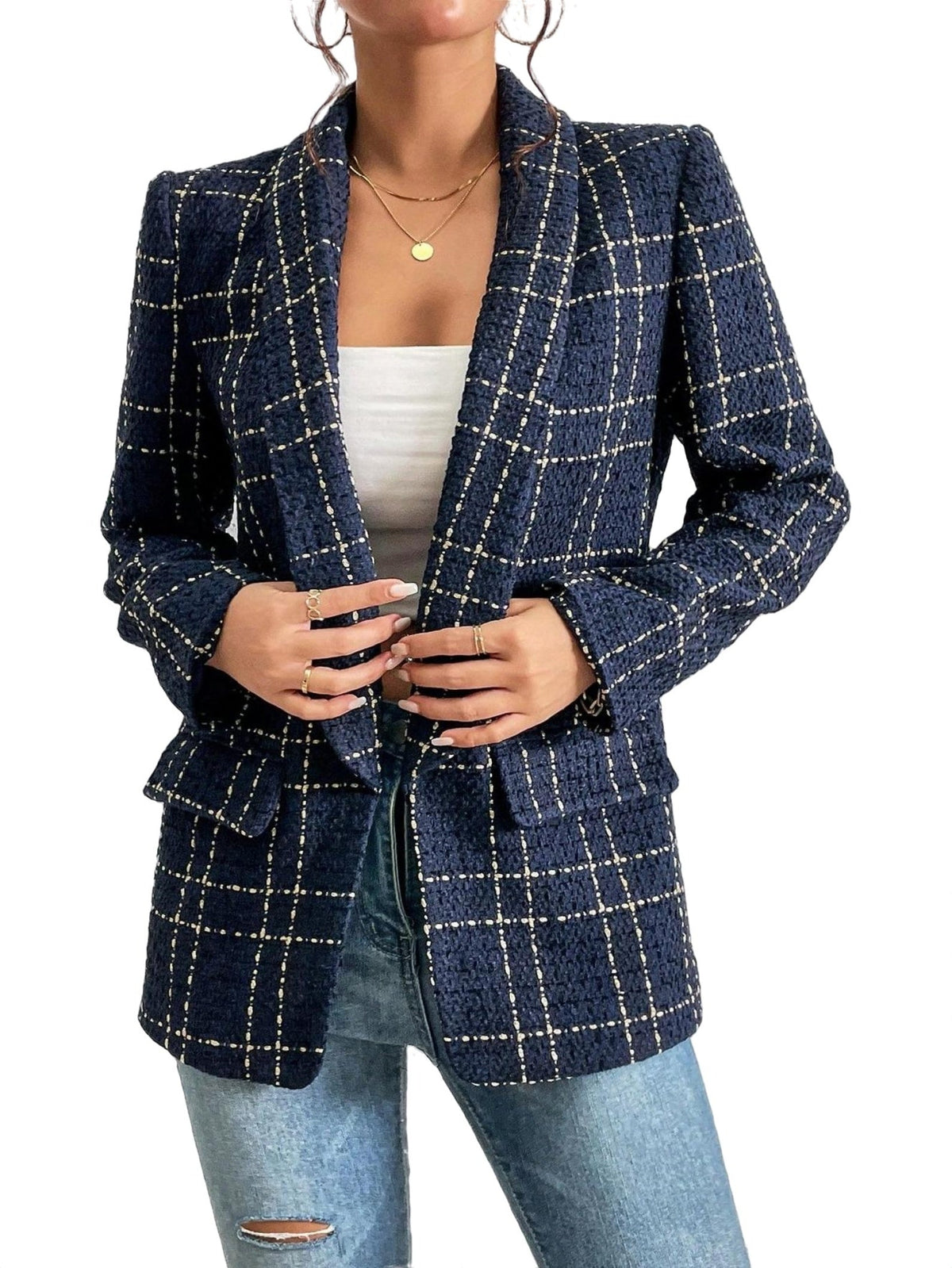 Street-wave Plaid Tweed Blazer for Women, Chic Checkered Jacket, Modern Office Ready Outerwear
