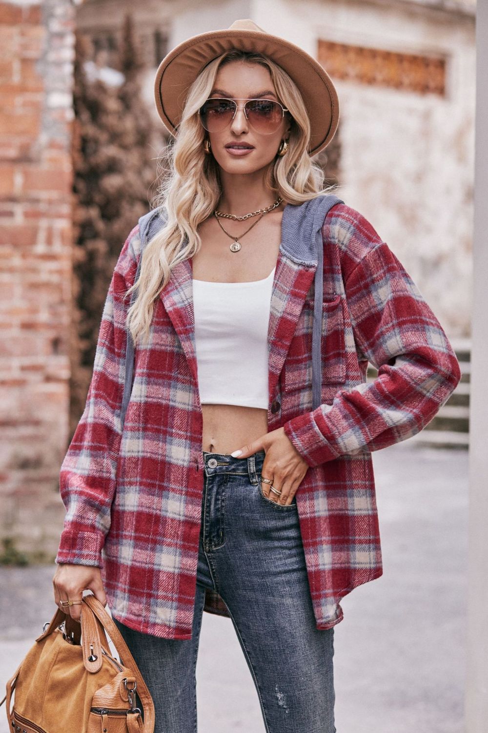 Street-wave Plaid Hooded Long Jacket For Streetwear Fans, Drop Shoulder Style, 100 Percent Polyester