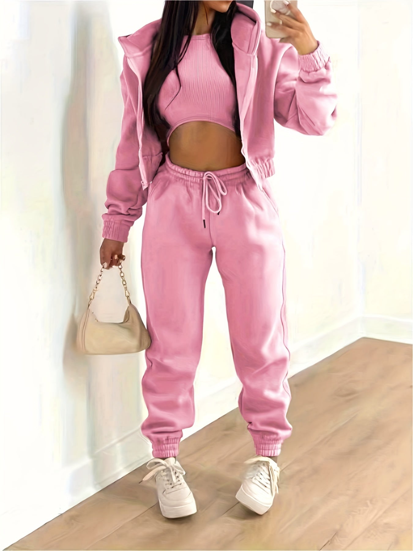 Street-Wave Three Piece Hoodie Tank Top Jogger Set For Women Comfort Casual Everyday Wear
