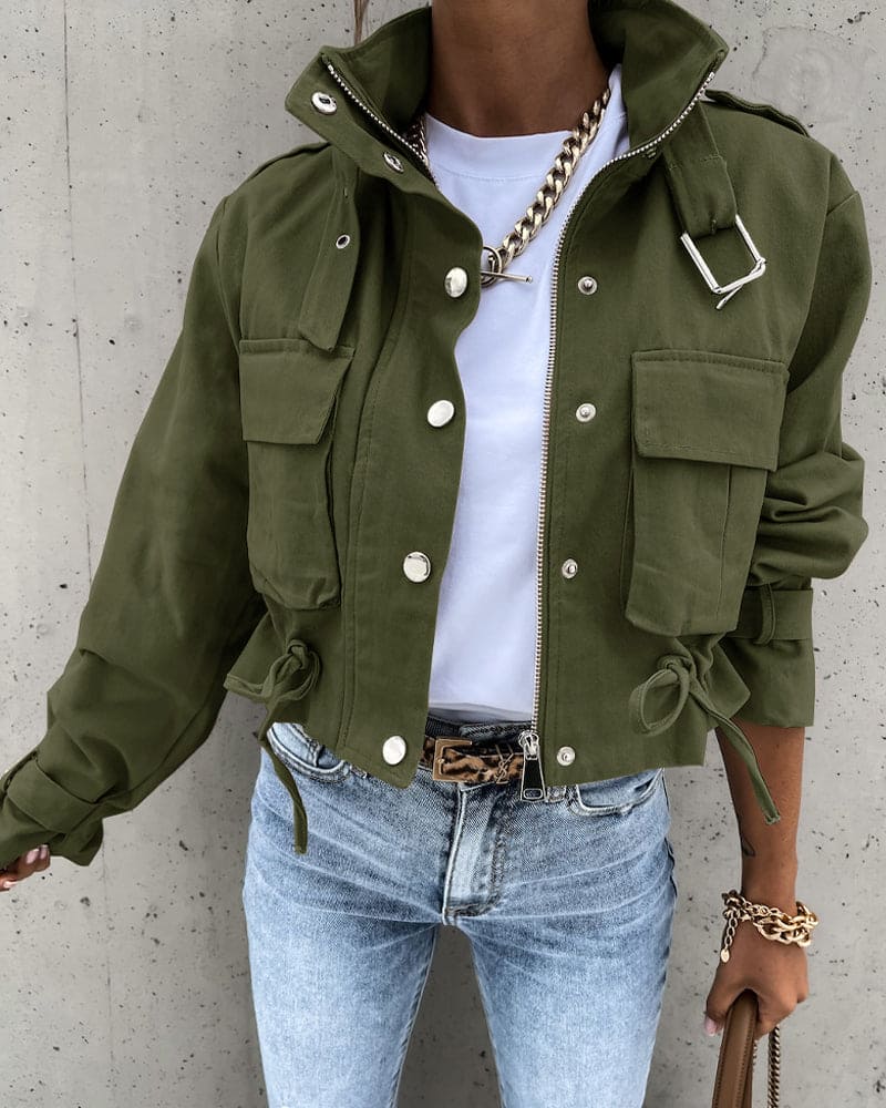 Street Wave Cropped Utility Jacket With Multiple Pockets For Women Urban Chic Style Comfort