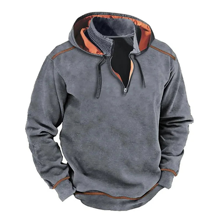 Street-Wave Men's Hooded Sweatshirt Relaxed Fit Half Zip Cotton Blend Ribbed Collar For Casual Everyday Wear