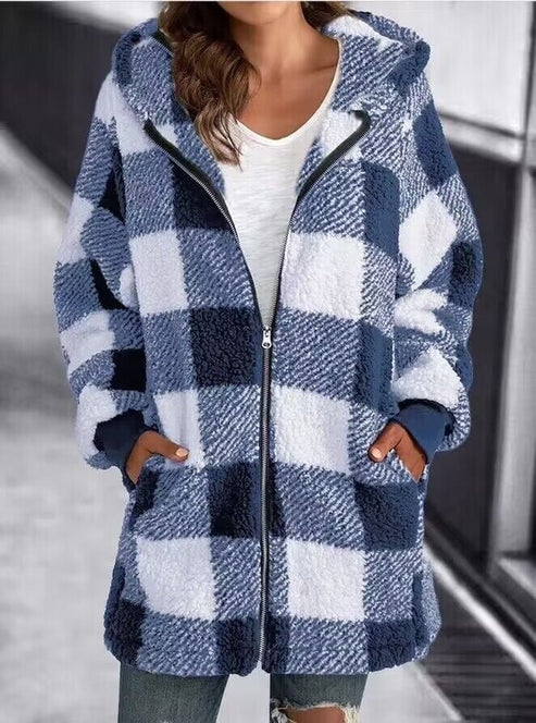 Street-wave Plus Size Coat With Cozy Warmth And Modern Checkered Style For Women