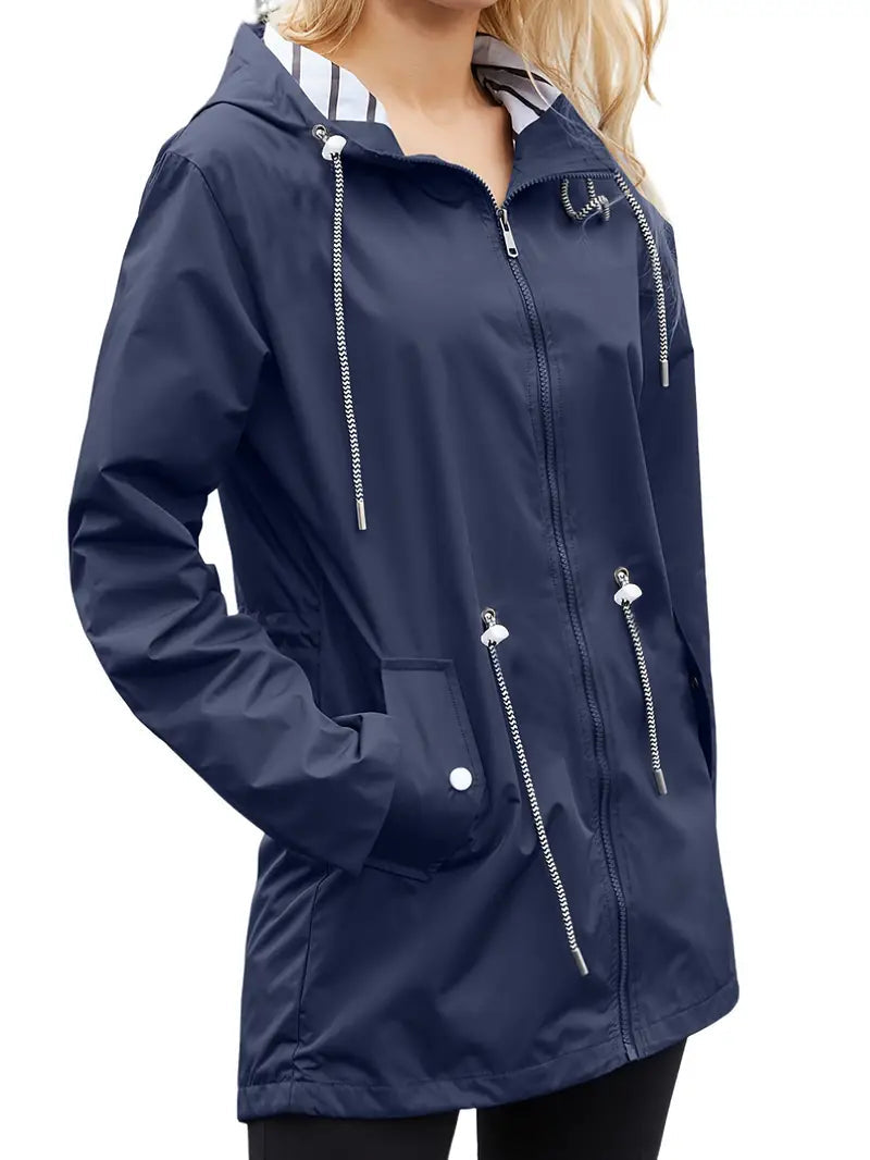 Street-Wave Waterproof Knee Length Hooded Jacket For Women All Weather Winter Rain Gear