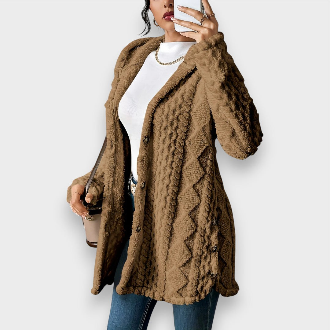 Street-Wave Plush Hoodie Cardigan For Women Ultra Soft Cozy Elegance With Refined Knit And Button Details