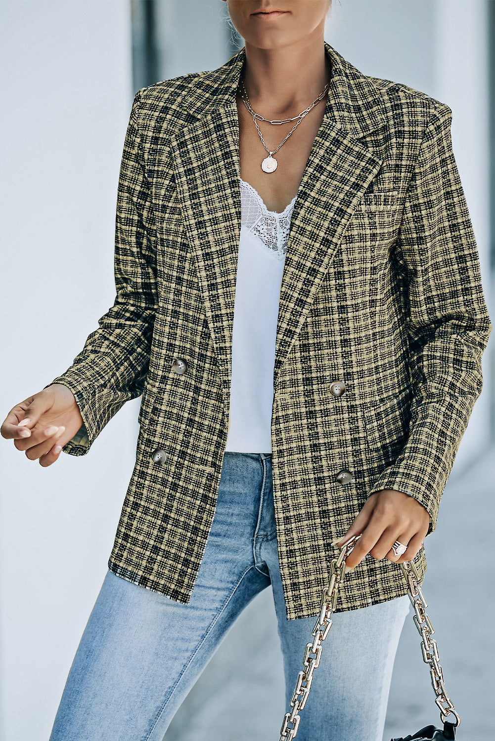 Street Wave Plaid Double Breasted Blazer For Women Stretchy Polyester Blend All Day Comfort