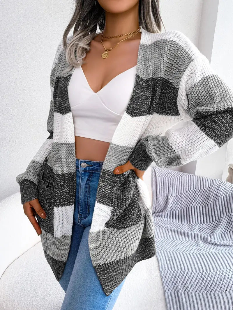 Street-wave Striped Soft Knit Cardigan For Women, Elegant Everyday Style, Cozy Chic