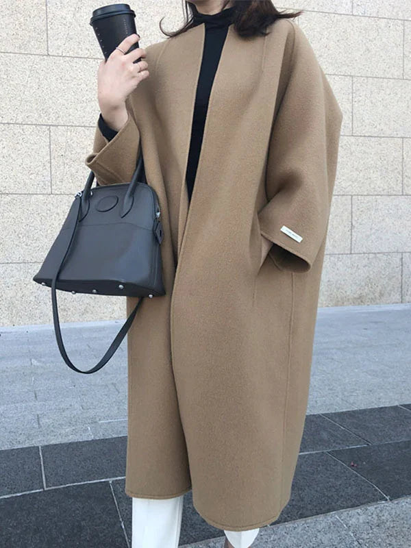 Street-wave Women's Long Coat With Cross Cut No Buttons For Winter Elegant Everyday Outerwear