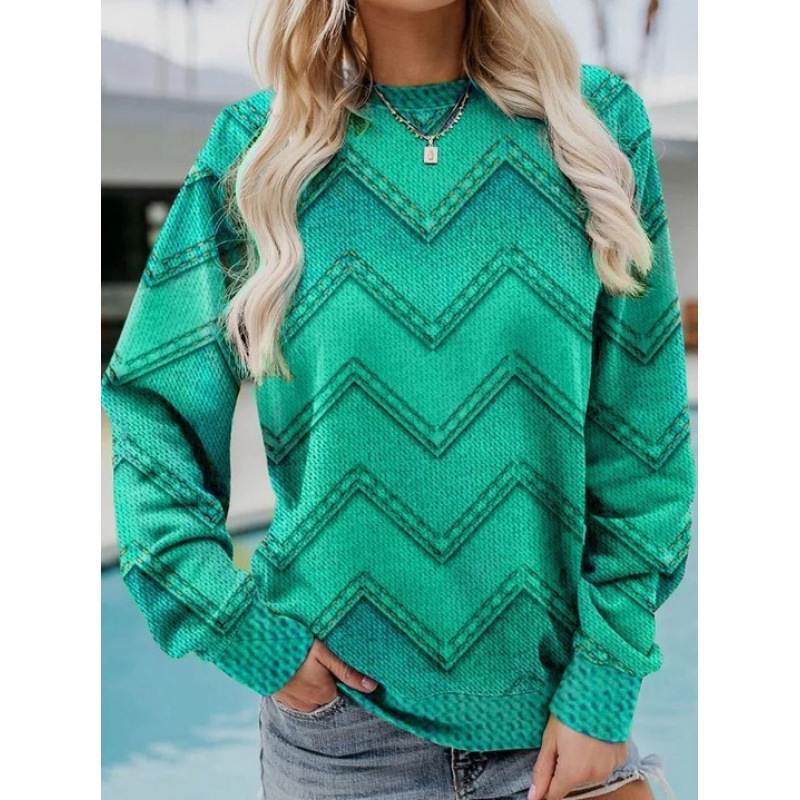 Street-Wave Denim Zigzag Sweatshirt Soft Cozy Everyday Wear for Casual Women Outfits