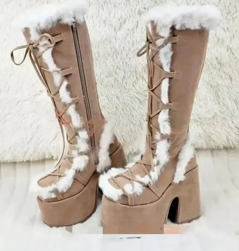Street Wave Stylish Faux Fur Winter Boots for Women Waterproof Warm Lined Tall Boots Soft Fleece Lining